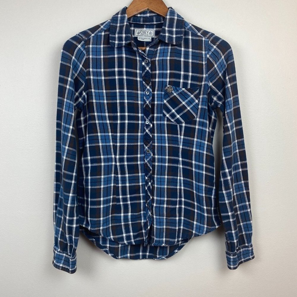 OBEY Flannel Shirt Small Women‎ Button Up Top Blue Brown Plaid Long Sleeve